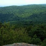 A view of a valley from atop a mountain
